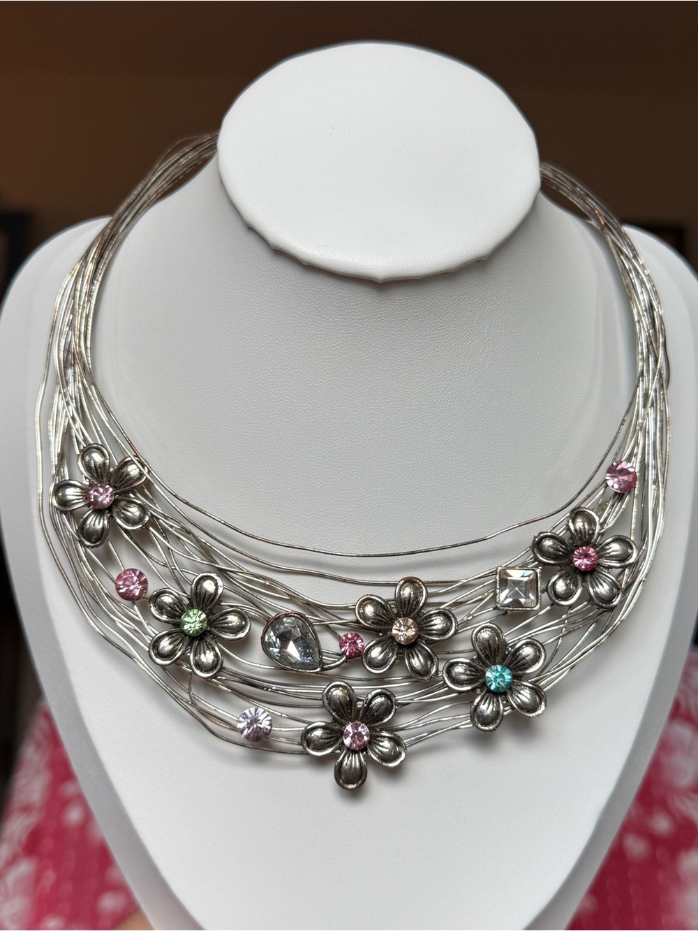 Silver‎ Multi-Strand Floral Necklace with Pastel Gem Accents